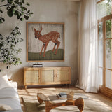 Gentle Critters II Summer by Beth Grove. Shown in a natural wood frame in a cozy modern living room. Available as an archival giclee rolled canvas, fine art paper, or poster print. SKU 44442a.