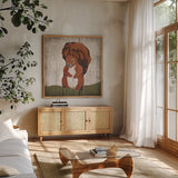 Gentle Critters IV Summer by Beth Grove. Shown in a natural wood frame in a cozy modern living room. Available as an archival giclee rolled canvas, fine art paper, or poster print. SKU 44444a.