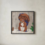 Gentle Critters Squirrel by Beth Grove. Shown in a sleek black glass frame for a contemporary gallery look. Available as an archival giclee rolled canvas, fine art paper, or poster print. SKU 44445a.