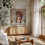 Gentle Critters Squirrel by Beth Grove. Shown in a natural wood frame in a cozy modern living room. Available as an archival giclee rolled canvas, fine art paper, or poster print. SKU 44445a.