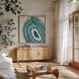 Geode II by Beth Grove. Shown in a natural wood frame in a cozy modern living room. Available as an archival giclee rolled canvas, fine art paper, or poster print. SKU 72201a.