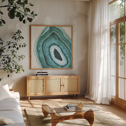 Geode II by Beth Grove. Shown in a natural wood frame in a cozy modern living room. Available as an archival giclee rolled canvas, fine art paper, or poster print. SKU 72201a.