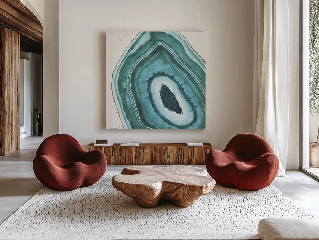 Geode II by Beth Grove. Shown as extra-large giant wall art in a modern living room. Available as an archival giclee rolled canvas, fine art paper, or poster print. SKU 72201a.
