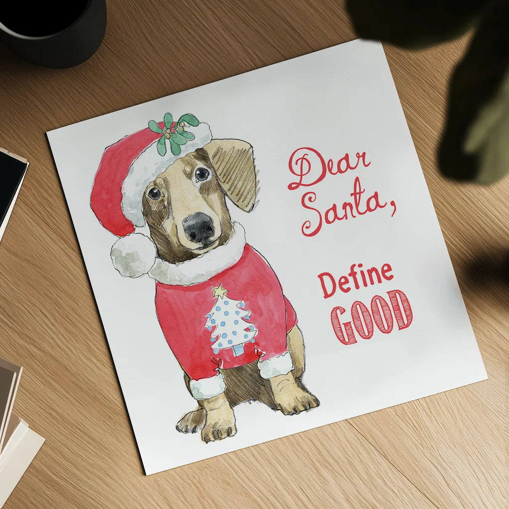 Glamour Pups Christmas III Dear Santa by Beth Grove. Shown as a detailed flat fine art print, highlighting archival giclee quality. Available as an archival giclee rolled canvas, fine art paper, or poster print. SKU 31502a.