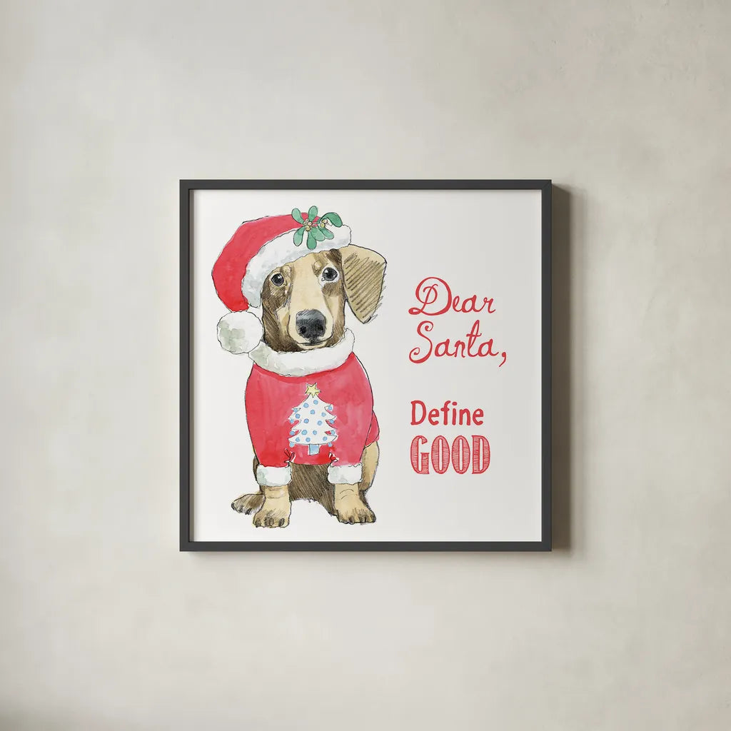 Glamour Pups Christmas III Dear Santa by Beth Grove. Shown in a sleek black glass frame for a contemporary gallery look. Available as an archival giclee rolled canvas, fine art paper, or poster print. SKU 31502a.