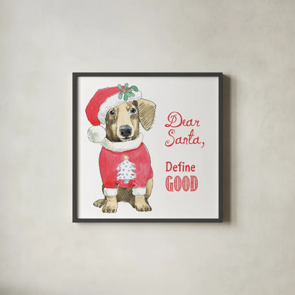 Glamour Pups Christmas III Dear Santa by Beth Grove. Shown in a sleek black glass frame for a contemporary gallery look. Available as an archival giclee rolled canvas, fine art paper, or poster print. SKU 31502a.
