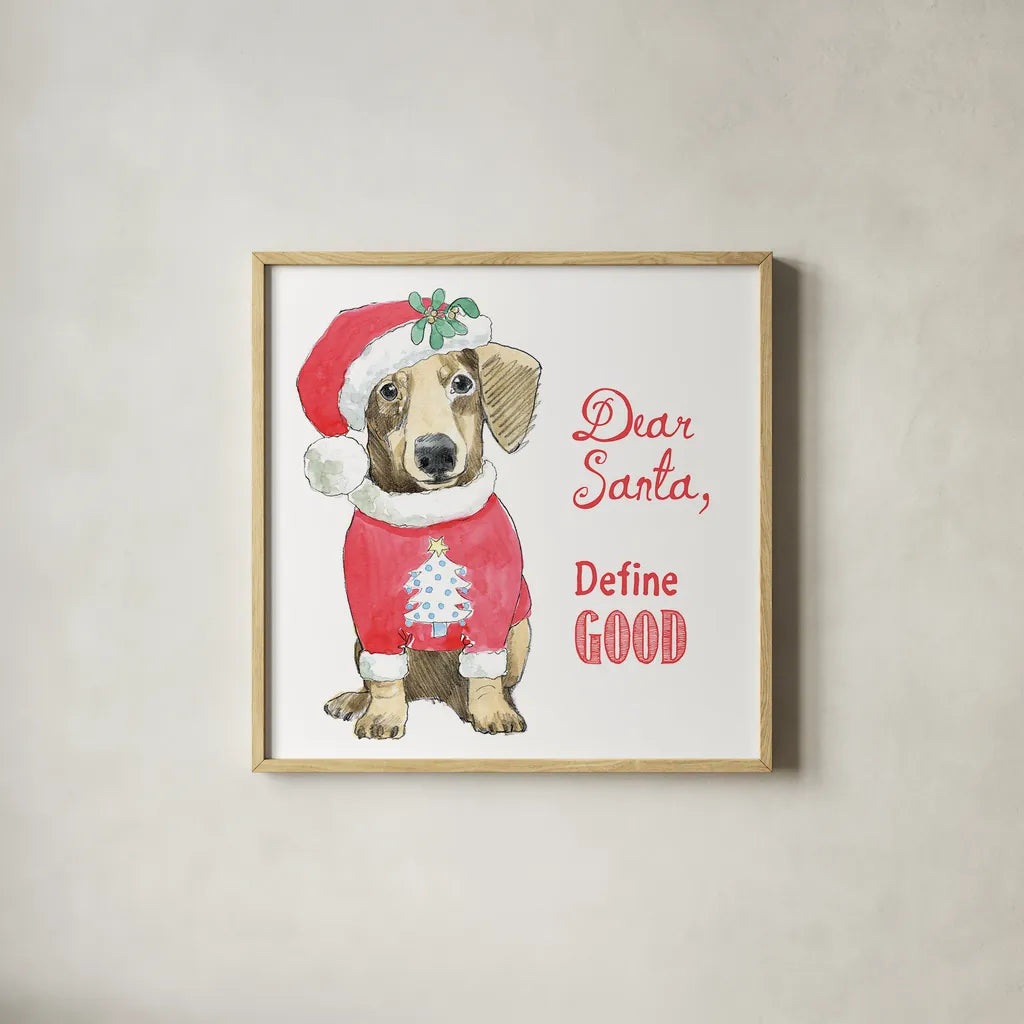 Glamour Pups Christmas III Dear Santa by Beth Grove. Shown in a natural wood glass frame for a timeless modern aesthetic. Available as an archival giclee rolled canvas, fine art paper, or poster print. SKU 31502a.
