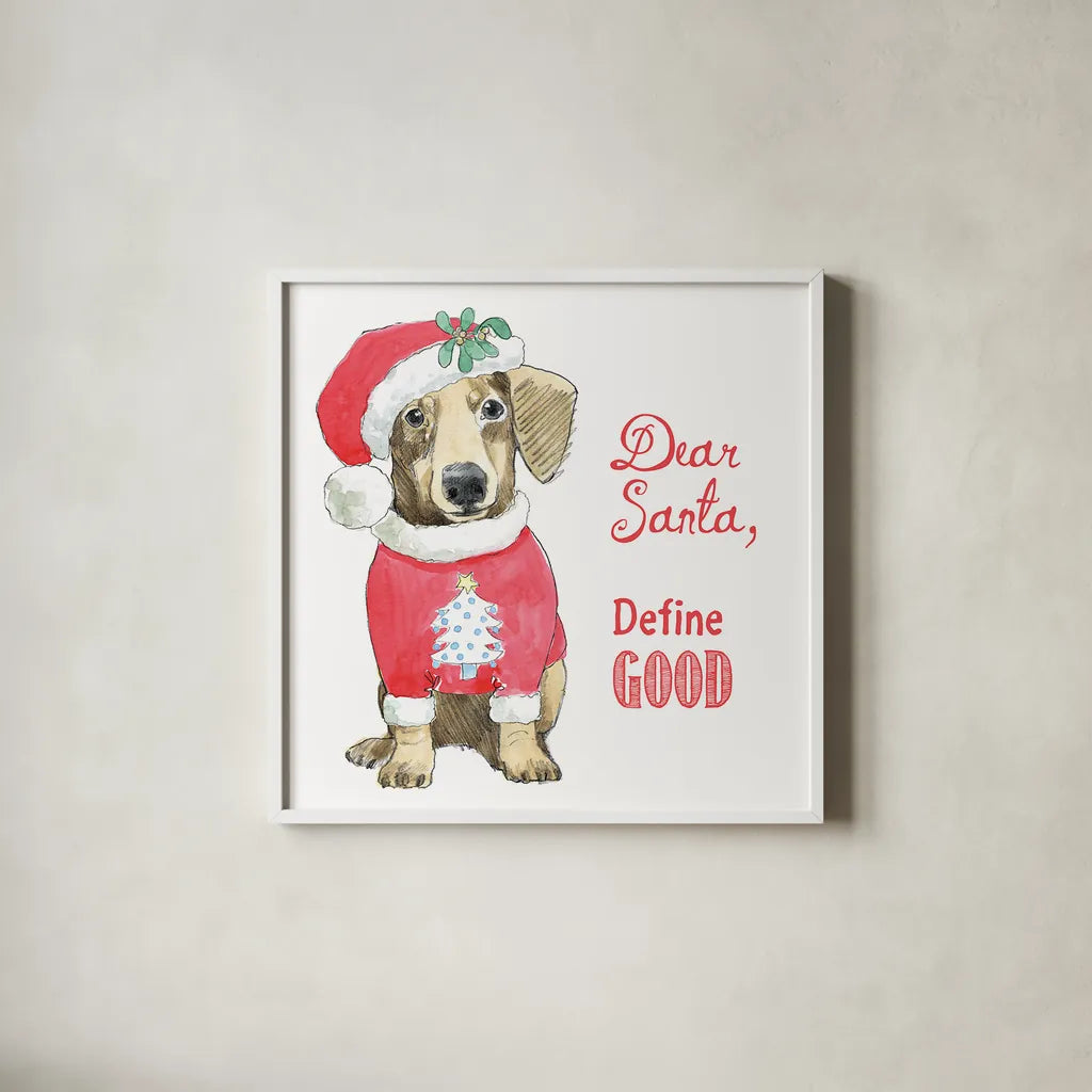 Glamour Pups Christmas III Dear Santa by Beth Grove. Shown in a crisp white glass frame for a clean and minimalist style. Available as an archival giclee rolled canvas, fine art paper, or poster print. SKU 31502a.