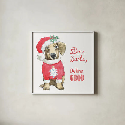 Glamour Pups Christmas III Dear Santa by Beth Grove. Shown in a crisp white glass frame for a clean and minimalist style. Available as an archival giclee rolled canvas, fine art paper, or poster print. SKU 31502a.