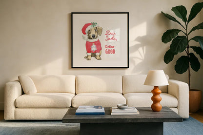 Glamour Pups Christmas III Dear Santa by Beth Grove. Displayed in a glass frame with matte in a clean modern living room. Available as an archival giclee rolled canvas, fine art paper, or poster print. SKU 31502a.