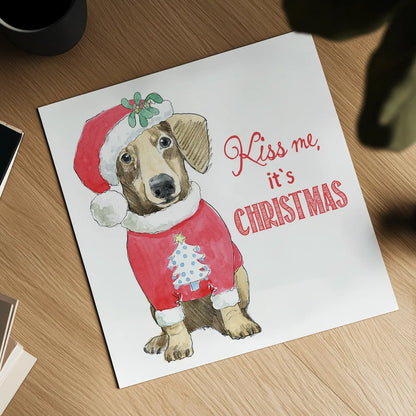 Glamour Pups Christmas III Kiss Me by Beth Grove. Shown as a detailed flat fine art print, highlighting archival giclee quality. Available as an archival giclee rolled canvas, fine art paper, or poster print. SKU 31503a.