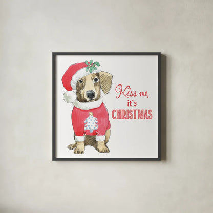 Glamour Pups Christmas III Kiss Me by Beth Grove. Shown in a sleek black glass frame for a contemporary gallery look. Available as an archival giclee rolled canvas, fine art paper, or poster print. SKU 31503a.