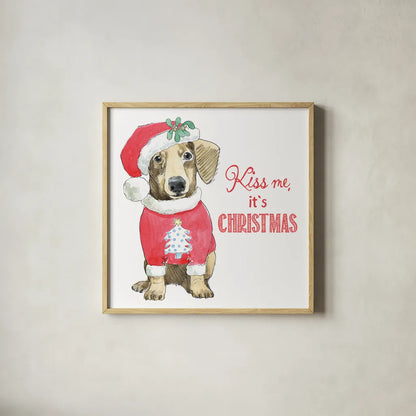 Glamour Pups Christmas III Kiss Me by Beth Grove. Shown in a natural wood glass frame for a timeless modern aesthetic. Available as an archival giclee rolled canvas, fine art paper, or poster print. SKU 31503a.