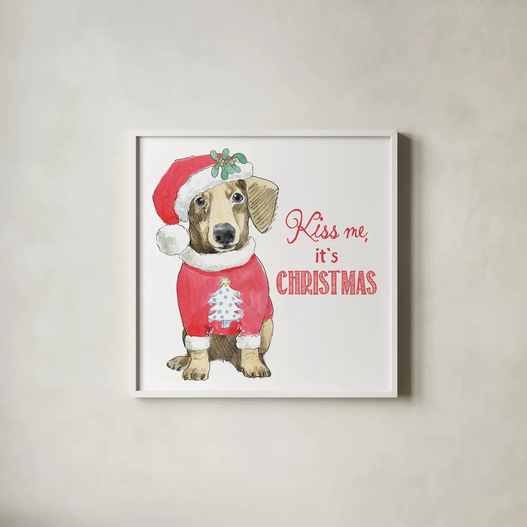Glamour Pups Christmas III Kiss Me by Beth Grove. Shown in a crisp white glass frame for a clean and minimalist style. Available as an archival giclee rolled canvas, fine art paper, or poster print. SKU 31503a.