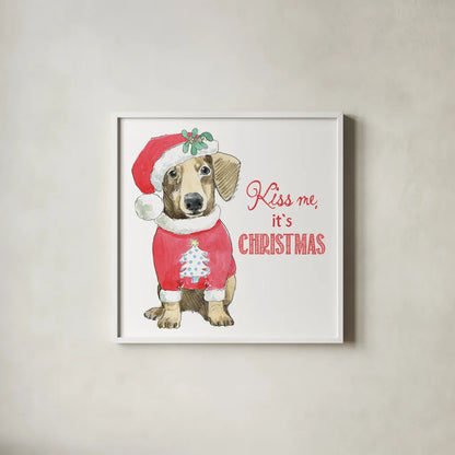 Glamour Pups Christmas III Kiss Me by Beth Grove. Shown in a crisp white glass frame for a clean and minimalist style. Available as an archival giclee rolled canvas, fine art paper, or poster print. SKU 31503a.