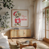 Glamour Pups Christmas III Kiss Me by Beth Grove. Shown in a natural wood frame in a cozy modern living room. Available as an archival giclee rolled canvas, fine art paper, or poster print. SKU 31503a.