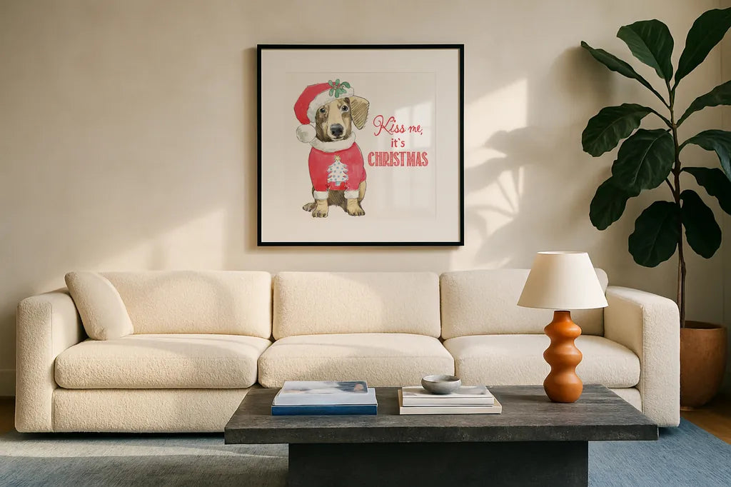 Glamour Pups Christmas III Kiss Me by Beth Grove. Displayed in a glass frame with matte in a clean modern living room. Available as an archival giclee rolled canvas, fine art paper, or poster print. SKU 31503a.