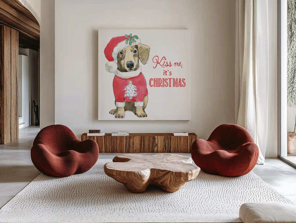 Glamour Pups Christmas III Kiss Me by Beth Grove. Shown as extra-large giant wall art in a modern living room. Available as an archival giclee rolled canvas, fine art paper, or poster print. SKU 31503a.