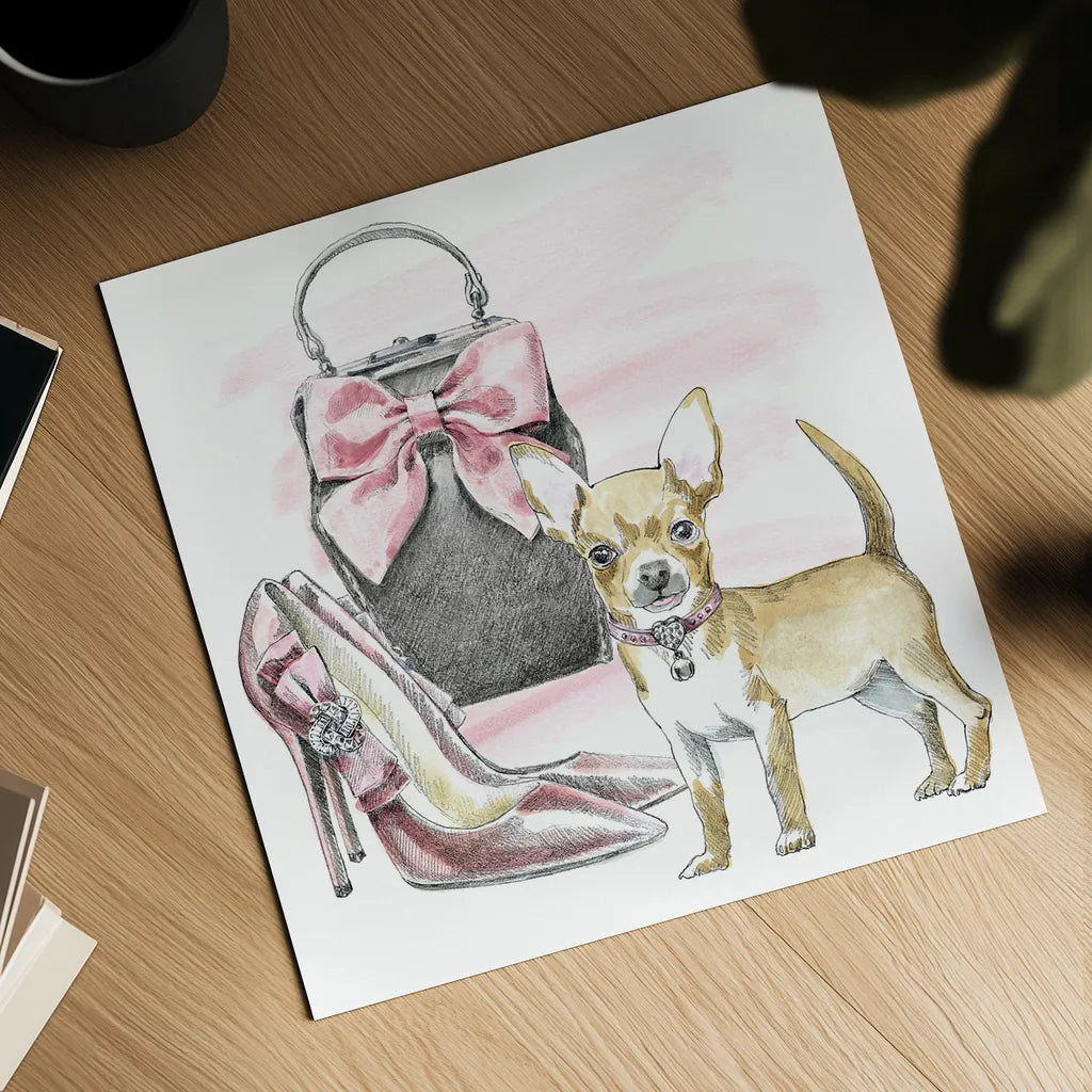 Glamour Pups I by Beth Grove. Shown as a detailed flat fine art print, highlighting archival giclee quality. Available as an archival giclee rolled canvas, fine art paper, or poster print. SKU 28045a.