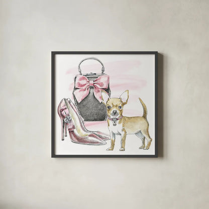 Glamour Pups I by Beth Grove. Shown in a sleek black glass frame for a contemporary gallery look. Available as an archival giclee rolled canvas, fine art paper, or poster print. SKU 28045a.