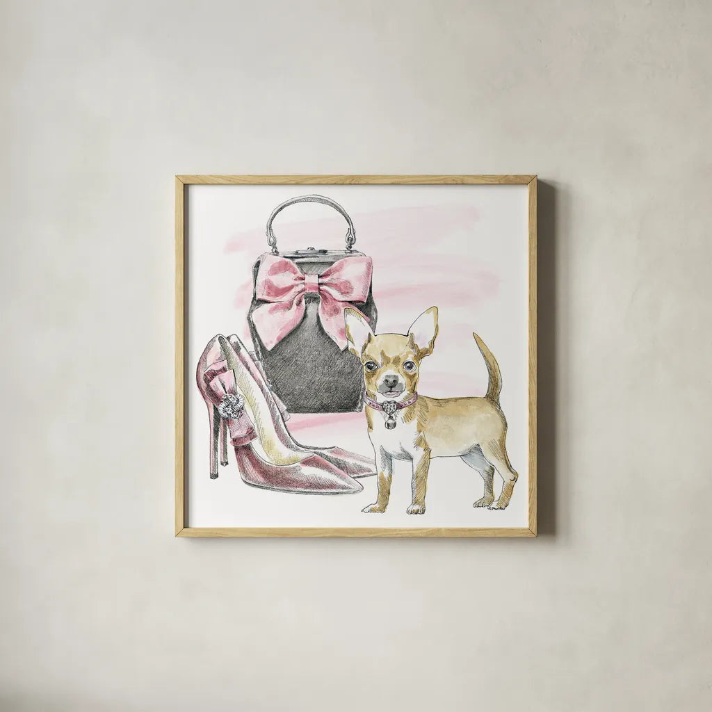Glamour Pups I by Beth Grove. Shown in a natural wood glass frame for a timeless modern aesthetic. Available as an archival giclee rolled canvas, fine art paper, or poster print. SKU 28045a.