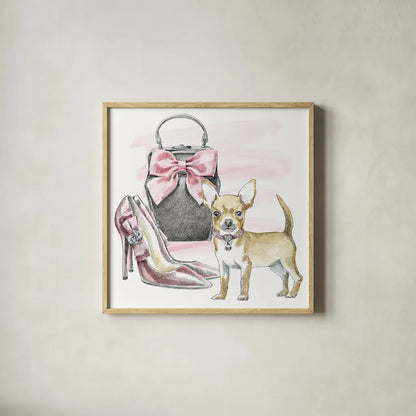Glamour Pups I by Beth Grove. Shown in a natural wood glass frame for a timeless modern aesthetic. Available as an archival giclee rolled canvas, fine art paper, or poster print. SKU 28045a.