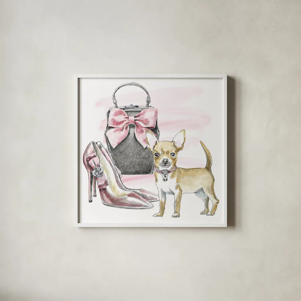 Glamour Pups I by Beth Grove. Shown in a crisp white glass frame for a clean and minimalist style. Available as an archival giclee rolled canvas, fine art paper, or poster print. SKU 28045a.
