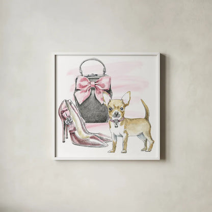 Glamour Pups I by Beth Grove. Shown in a crisp white glass frame for a clean and minimalist style. Available as an archival giclee rolled canvas, fine art paper, or poster print. SKU 28045a.