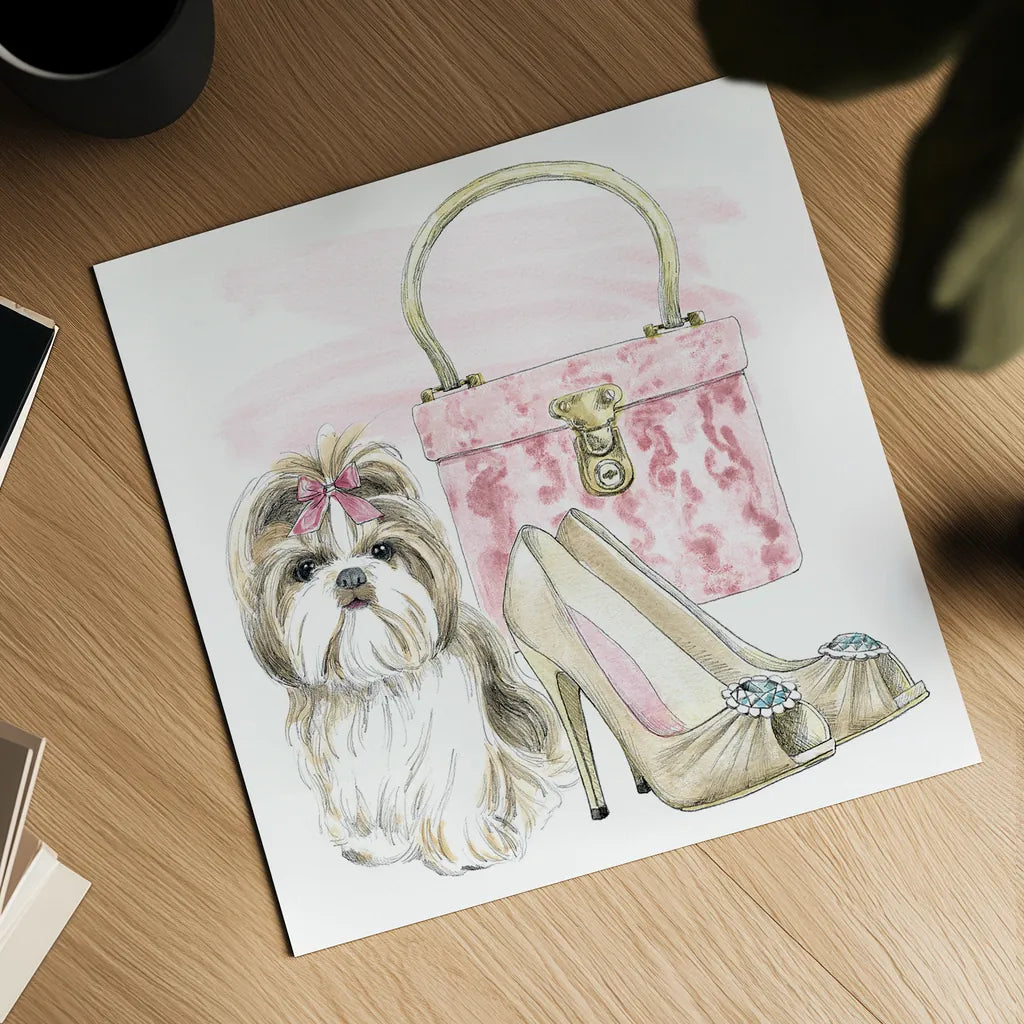 Glamour Pups II by Beth Grove. Shown as a detailed flat fine art print, highlighting archival giclee quality. Available as an archival giclee rolled canvas, fine art paper, or poster print. SKU 28046a.