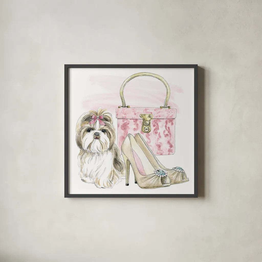Glamour Pups II by Beth Grove. Shown in a sleek black glass frame for a contemporary gallery look. Available as an archival giclee rolled canvas, fine art paper, or poster print. SKU 28046a.