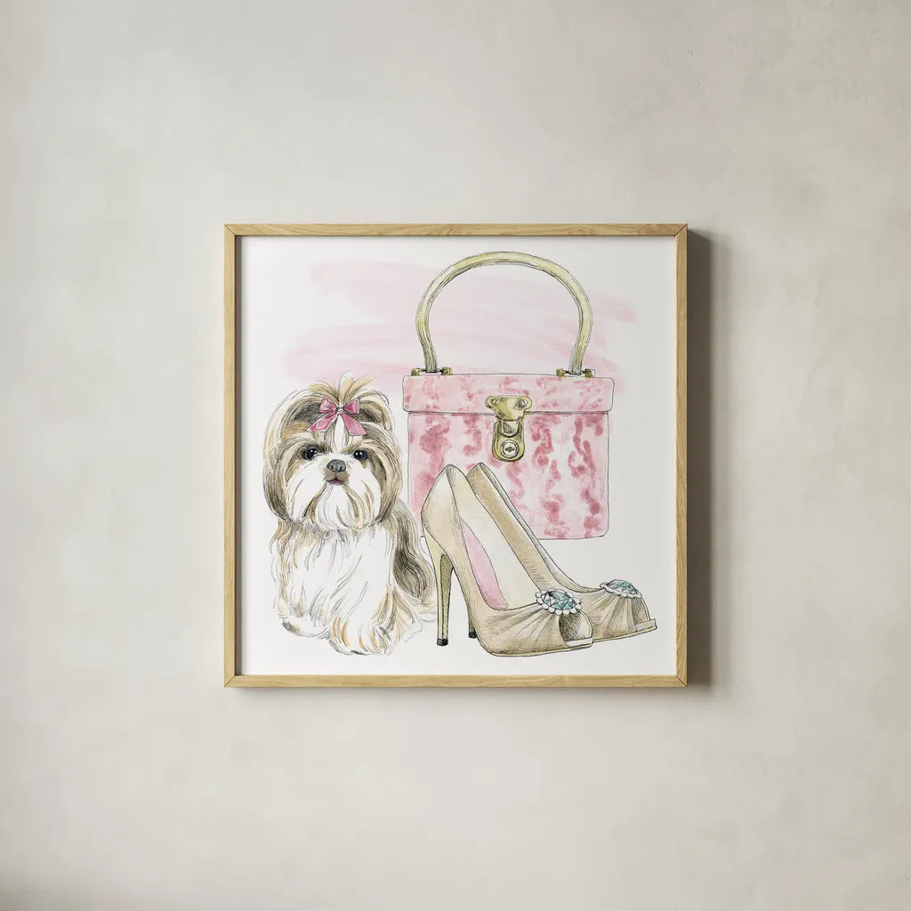 Glamour Pups II by Beth Grove. Shown in a natural wood glass frame for a timeless modern aesthetic. Available as an archival giclee rolled canvas, fine art paper, or poster print. SKU 28046a.