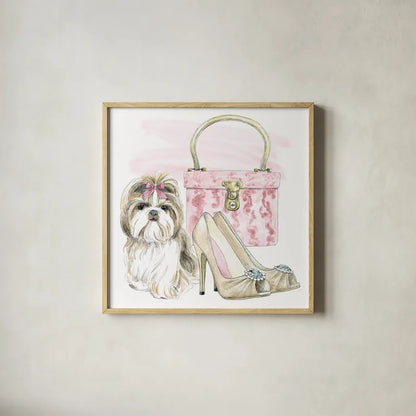 Glamour Pups II by Beth Grove. Shown in a natural wood glass frame for a timeless modern aesthetic. Available as an archival giclee rolled canvas, fine art paper, or poster print. SKU 28046a.