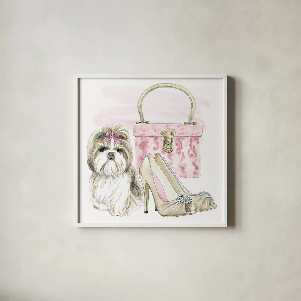 Glamour Pups II by Beth Grove. Shown in a crisp white glass frame for a clean and minimalist style. Available as an archival giclee rolled canvas, fine art paper, or poster print. SKU 28046a.
