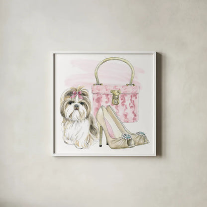 Glamour Pups II by Beth Grove. Shown in a crisp white glass frame for a clean and minimalist style. Available as an archival giclee rolled canvas, fine art paper, or poster print. SKU 28046a.