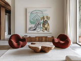 Glamour Pups III by Beth Grove. Shown as extra-large giant wall art in a modern living room. Available as an archival giclee rolled canvas, fine art paper, or poster print. SKU 28047a.