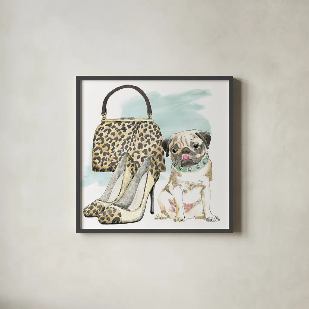 Glamour Pups IV by Beth Grove. Shown in a sleek black glass frame for a contemporary gallery look. Available as an archival giclee rolled canvas, fine art paper, or poster print. SKU 28048a.