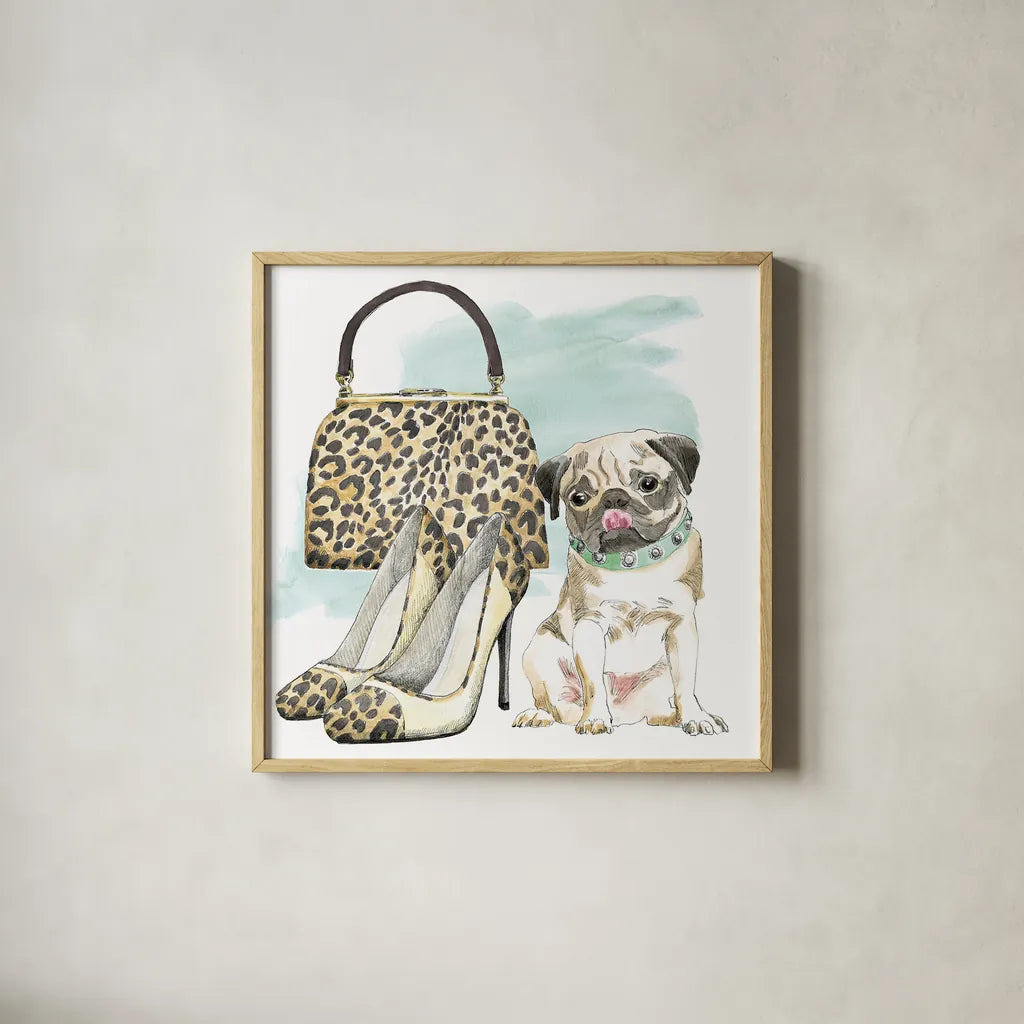 Glamour Pups IV by Beth Grove. Shown in a natural wood glass frame for a timeless modern aesthetic. Available as an archival giclee rolled canvas, fine art paper, or poster print. SKU 28048a.