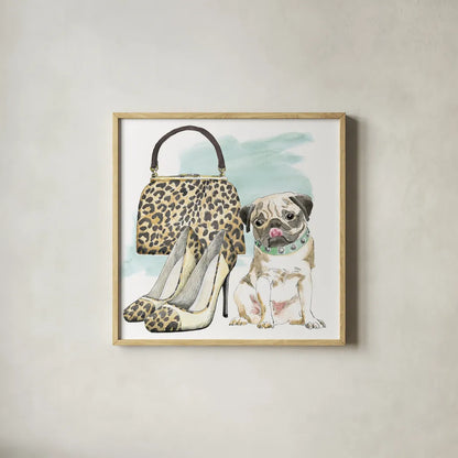 Glamour Pups IV by Beth Grove. Shown in a natural wood glass frame for a timeless modern aesthetic. Available as an archival giclee rolled canvas, fine art paper, or poster print. SKU 28048a.