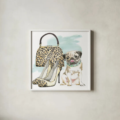 Glamour Pups IV by Beth Grove. Shown in a crisp white glass frame for a clean and minimalist style. Available as an archival giclee rolled canvas, fine art paper, or poster print. SKU 28048a.