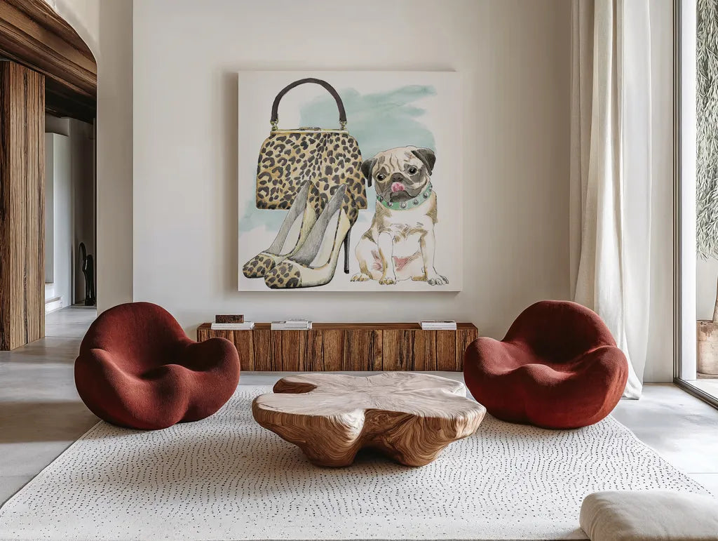 Glamour Pups IV by Beth Grove. Shown as extra-large giant wall art in a modern living room. Available as an archival giclee rolled canvas, fine art paper, or poster print. SKU 28048a.