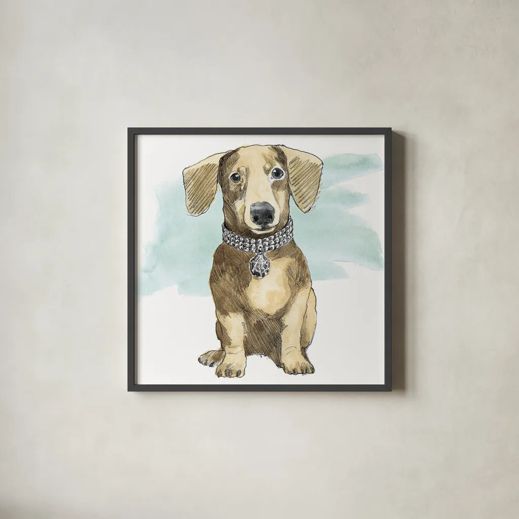 Glamour Pups IX by Beth Grove. Shown in a sleek black glass frame for a contemporary gallery look. Available as an archival giclee rolled canvas, fine art paper, or poster print. SKU 29730a.