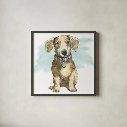 Glamour Pups IX by Beth Grove. Shown in a sleek black glass frame for a contemporary gallery look. Available as an archival giclee rolled canvas, fine art paper, or poster print. SKU 29730a.