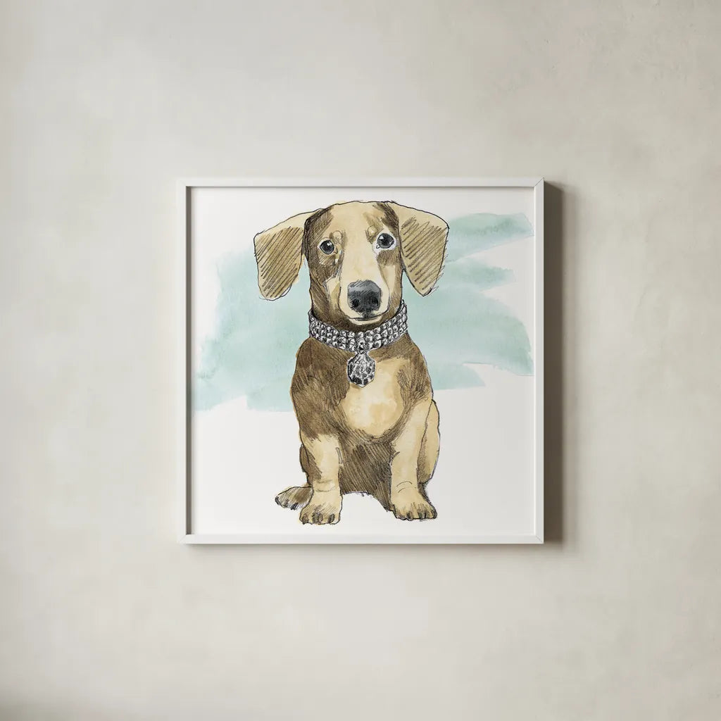Glamour Pups IX by Beth Grove. Shown in a crisp white glass frame for a clean and minimalist style. Available as an archival giclee rolled canvas, fine art paper, or poster print. SKU 29730a.