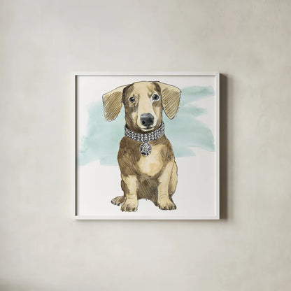 Glamour Pups IX by Beth Grove. Shown in a crisp white glass frame for a clean and minimalist style. Available as an archival giclee rolled canvas, fine art paper, or poster print. SKU 29730a.