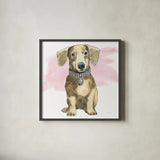 Glamour Pups IX on Pink by Beth Grove. Shown in a sleek black glass frame for a contemporary gallery look. Available as an archival giclee rolled canvas, fine art paper, or poster print. SKU 32045a.