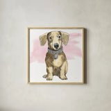 Glamour Pups IX on Pink by Beth Grove. Shown in a natural wood glass frame for a timeless modern aesthetic. Available as an archival giclee rolled canvas, fine art paper, or poster print. SKU 32045a.