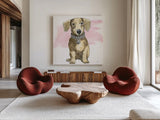 Glamour Pups IX on Pink by Beth Grove. Shown as extra-large giant wall art in a modern living room. Available as an archival giclee rolled canvas, fine art paper, or poster print. SKU 32045a.