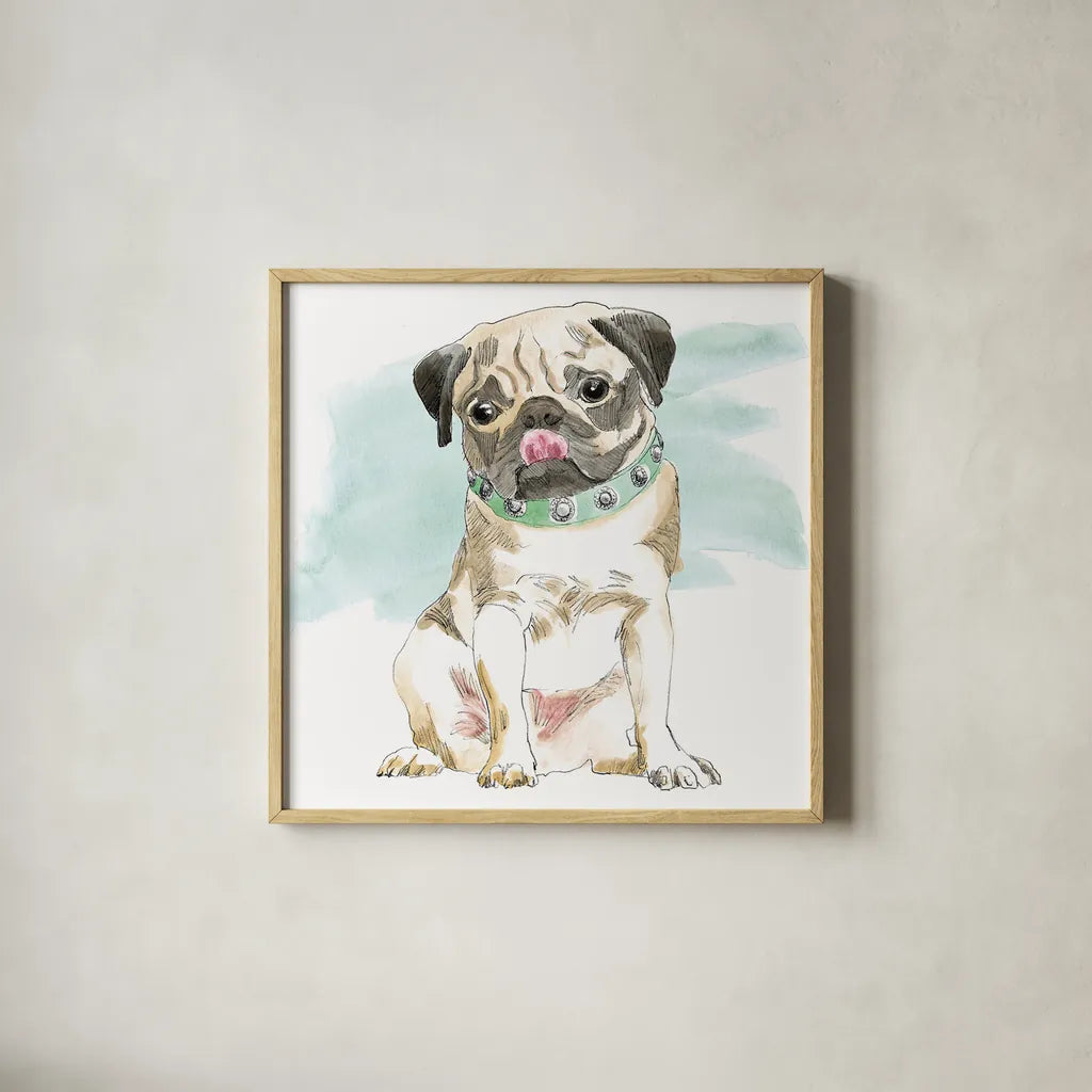Glamour Pups X by Beth Grove. Shown in a natural wood glass frame for a timeless modern aesthetic. Available as an archival giclee rolled canvas, fine art paper, or poster print. SKU 29731a.