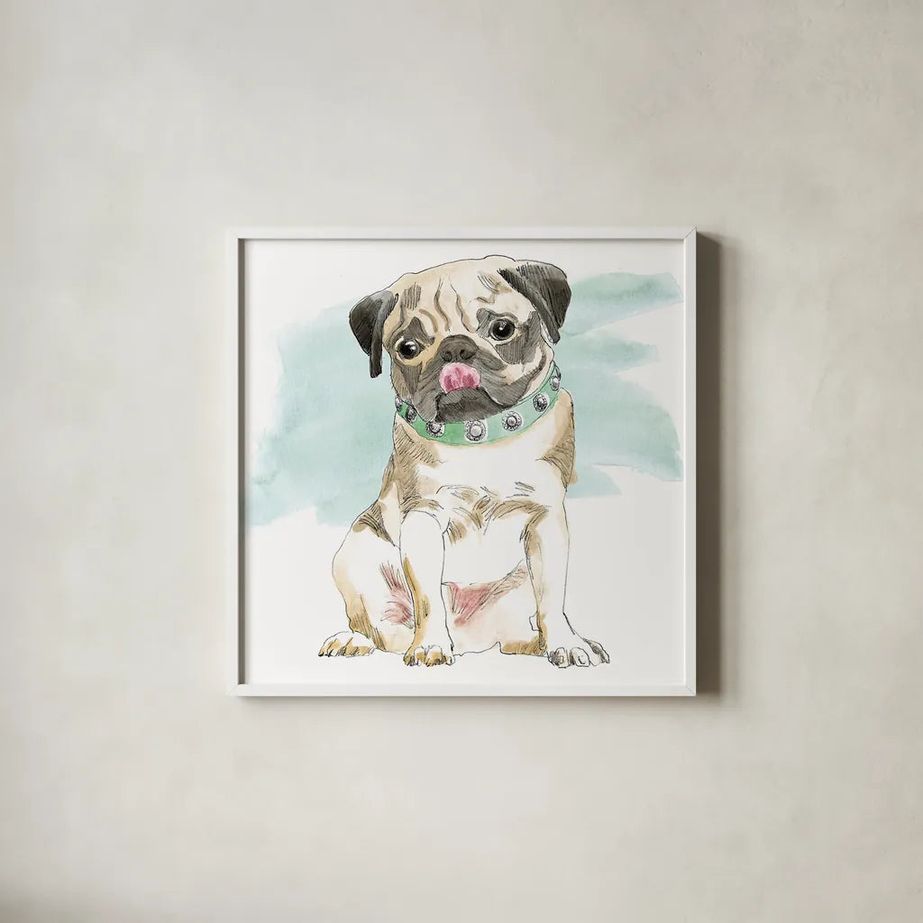 Glamour Pups X by Beth Grove. Shown in a crisp white glass frame for a clean and minimalist style. Available as an archival giclee rolled canvas, fine art paper, or poster print. SKU 29731a.