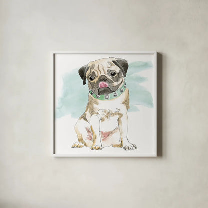 Glamour Pups X by Beth Grove. Shown in a crisp white glass frame for a clean and minimalist style. Available as an archival giclee rolled canvas, fine art paper, or poster print. SKU 29731a.